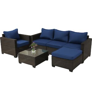 6-Piece Brown Wicker Patio Conversation Seating Set with Dark Blue Cushions and Coffee Table for Garden Backyard