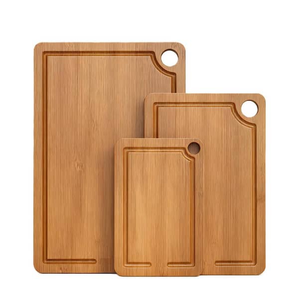 3-Piece Rectangular Dark Brown Bamboo Cutting Board Set with Non-Slip Mat, Built-In Handles, Hand Wash Only