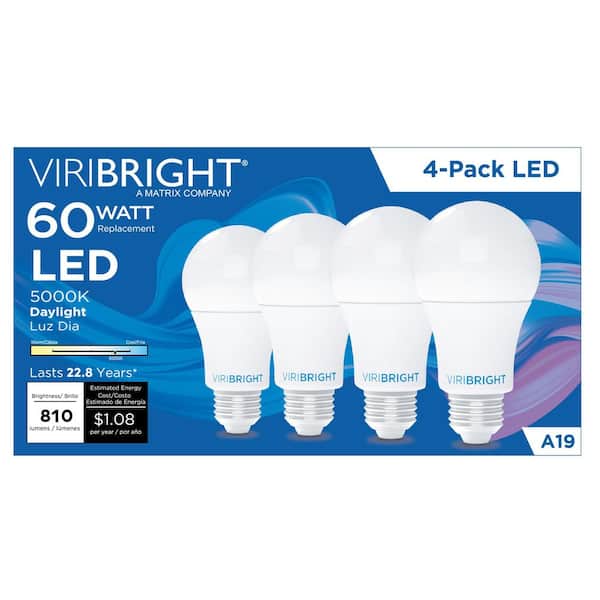 Viribright 60-Watt Equivalent A19 Dimmable CEC Title 20 Energy Star 90 CRI E26 Medium Base LED Light Bulb, Daylight 5000K (4-Pack)