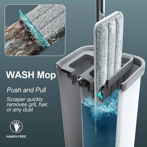New Flat Squeegee Mop and Bucket Hand-Free Wringing Floor Cleaner Easy Self  Cleaning Dry Wet Dual Use with 2pcs Washable Mop Pads