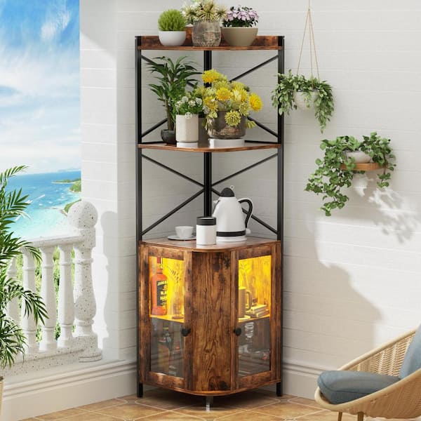 Lycvki 5-Tier Wood Pantry Organizer with Adjustable Shelf and RGB LED Light in Brown