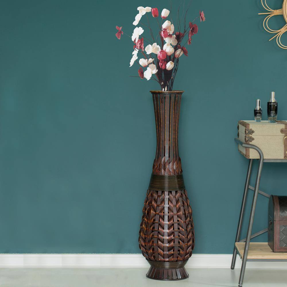 Antique Fluted Metallic Brown Bamboo Floor Vase with Aged Finish