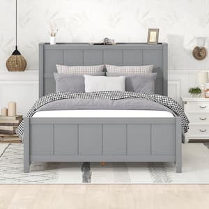 Gray Wood Frame Full Size Platform Bed with Drawers and Storage Shelves