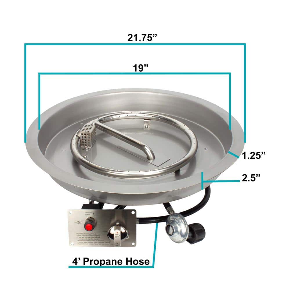 19" Round Stainless Steel Propane Fire Pit Burner Kit with Electronic Ignition