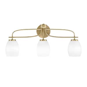 Olympia 26.25 in. 3-Light New Age Brass Vanity Light  White Linen Glass Shade
