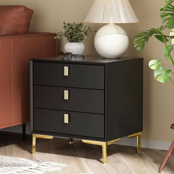 FUFU&GAGA 3-Drawer Black Side End Table With Gold Metal Legs For Living Room, Bedroom