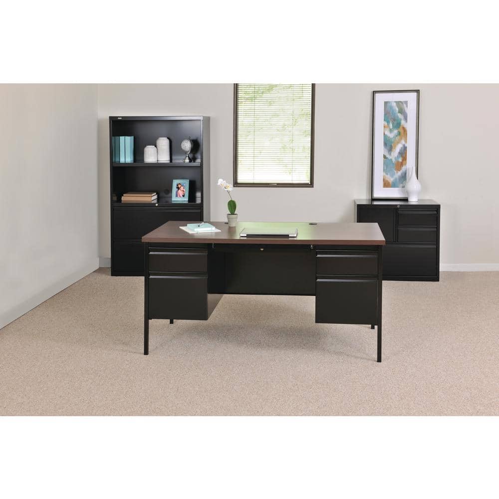 Commercial 60 in. W x 30  in. D Rectangular Shape Black/Mahogany 5-Drawer Executive Desk with Double Pedestal Light Gray