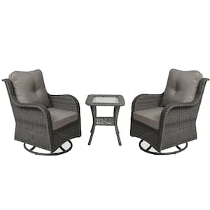 Wicker Gray Patio Swivel Outdoor Rocking Chair Set with Light Gray Cushions and Table (Set of 2)