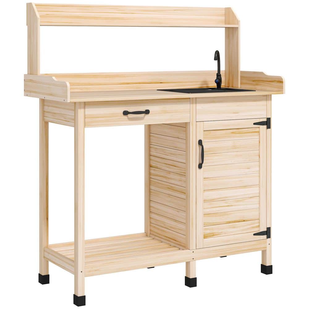 44.5 in. W x 50.2 in. H Natural Wood Potting Bench Table with Sink, Outdoor