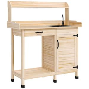 44.5 in. W x 50.2 in. H Natural Wood Potting Bench Table with Sink, Outdoor Work Bench Table with Storage Cabinet, Hooks