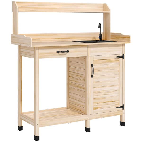 Outsunny 44.5 in. W x 50.2 in. H Natural Wood Potting Bench Table with Sink, Outdoor Work Bench Table with Storage Cabinet, Hooks
