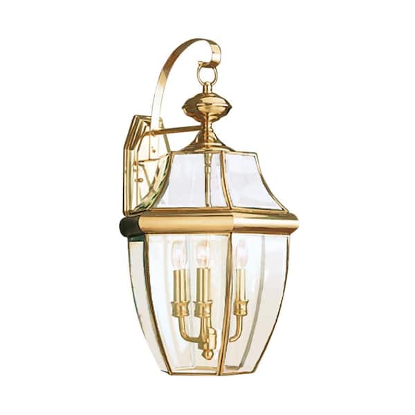 Generation Lighting Lancaster 3-Light Polished Brass Outdoor 23 in. Wall Lantern Sconce with Dimmable Candelabra LED Bulb