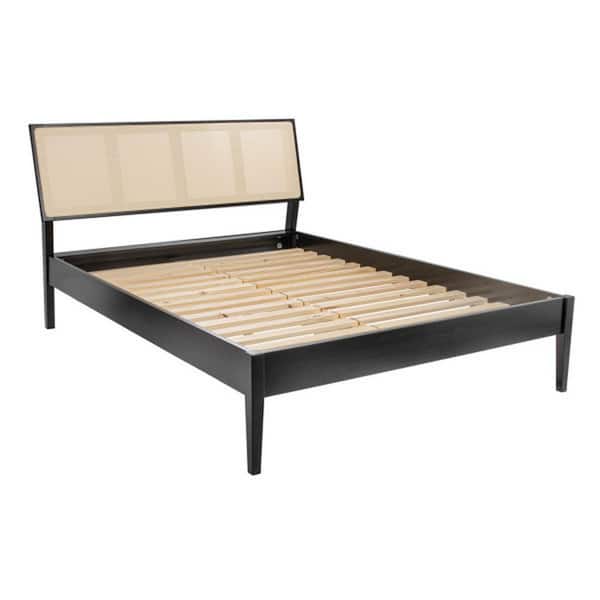 Storied Home The Crawford Black and Natural Wood Frame Queen Panel Bed With Black Stain Natural Woven Cane Headboard