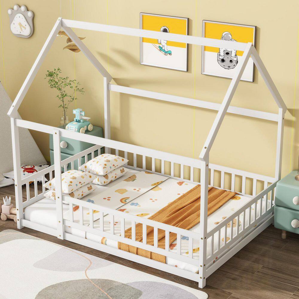 White Full Size Wooden House Bed with Fence Guardrails price history on PriceWatchPro