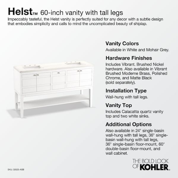 KOHLER Helst 60 in. W x 18 in. D x 36 in. H Double Sink Freestanding Bath Vanity in Mohair Grey with Quartz Top