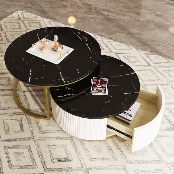 31.5 in. Golden Black Round MDF Top Nesting Coffee Table with Drawer