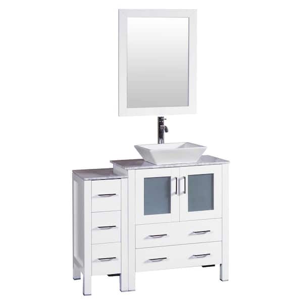 Bosconi 42 in. W Single Bath Vanity in White with Carrara Marble Vanity Top with White Basin and Mirror