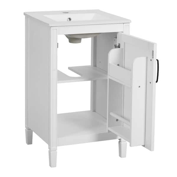 20 in. Single Sink Freestanding White Bath Vanity with White Ceramic Top, Adjustable U-Shaped Shelf, Unassembled