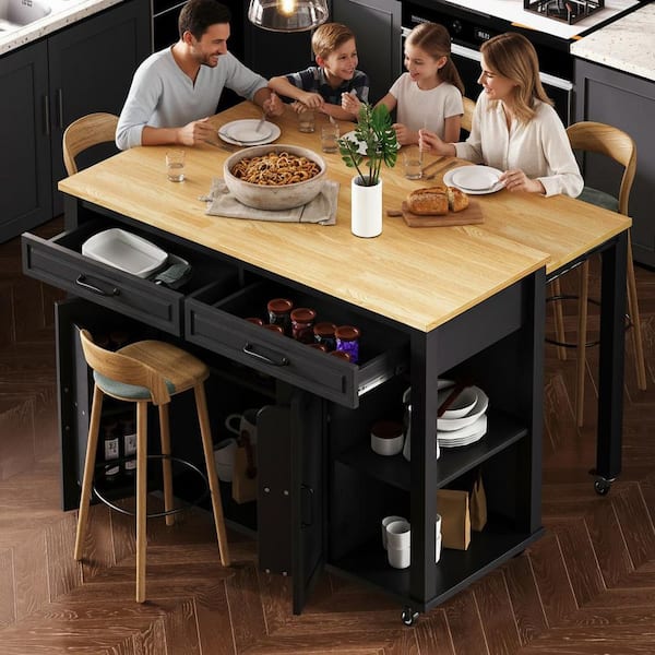 Rustic Black Wood 47.2 in. Internal Storage Rack Kitchen Island Extendable Dining Table with 2-Drawer and 2-Cabinet