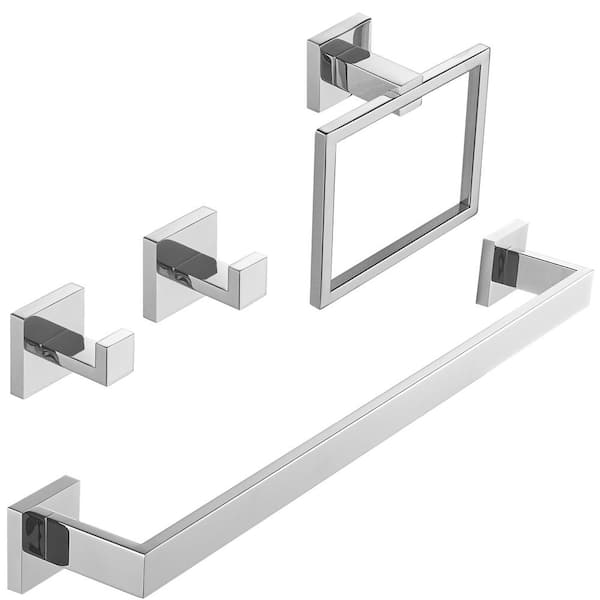 BWE 4-Piece Bath Hardware Set bathroom with towel bar towel racks for bathroom Towel/Robe Hook Towel Ring in Polished Chrome