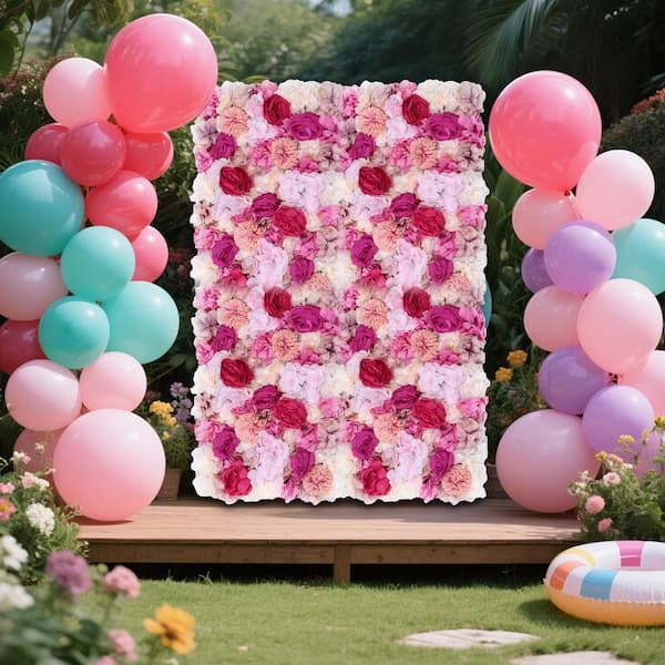 YIYIBYUS 23.6 in. x 15.7 in. 6 Pieces Fuchsia Artificial Floral Wall Panel Silk Rose Dahlia Background Decor Floral Arrangements
