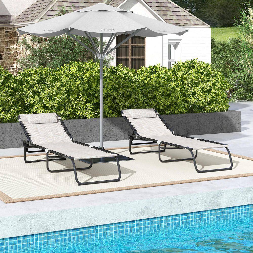 2-Piece Folding Metal Chaise Lounge with 4-Position Recline, Cream