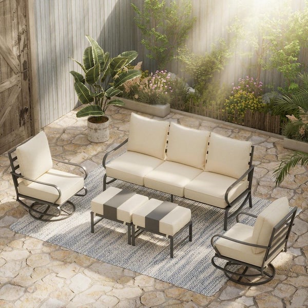 ELPOSUN Black 5-Piece Metal Outdoor Patio Conversation Set 7-Seat Seating Set with Beige Cushions, 2 Swivel Chairs, 2 Ottomans