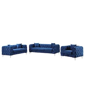 Contemporary 3-Piece of Chair Loveseat and Sofa Set with Deep Button Tufting Dutch Velvet Top in Blue