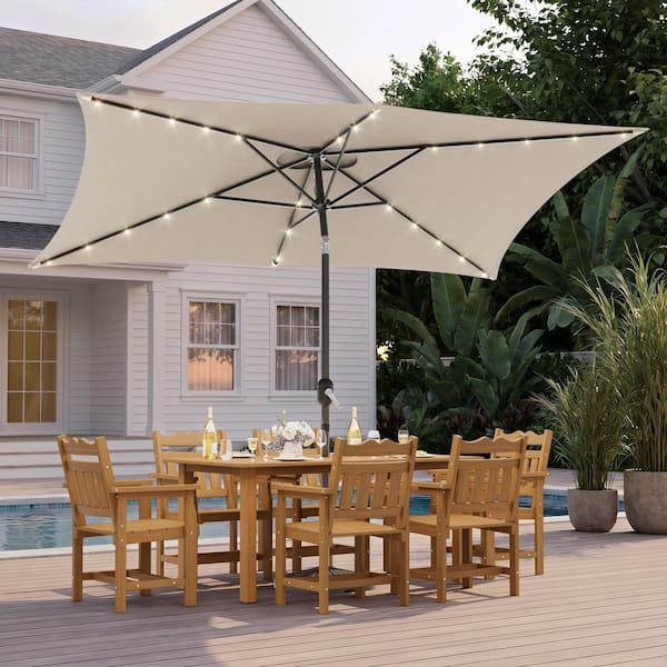10 ft aluminum pole cantilever solar patio umbrella Garvee LED Umbrella, Offset Outdoor with Crank Lift, Tilt Adjustment, 32 LED Lights, UV Protection, Tan sold separately. HOMSHADE 10ft Solar LED Cantilever