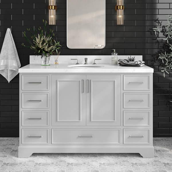Stafford 54 in. W x 22 in. D x 36 in. H Single Sink Freestanding Bath Vanity in Gray with Carrara White Quartz Top