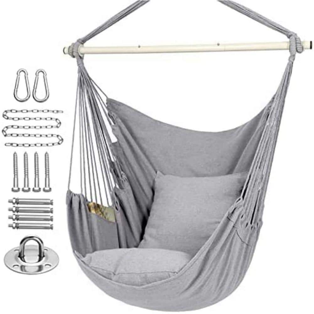 Hammock Chair Hanging Rope Swing with Foot Rest Support - Max 500 Lbs (Grey)