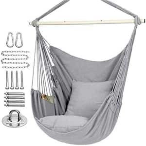 Hammock Chair Hanging Rope Swing, Maximum 500 lbs. 2-Seat Cushions Included, Quality Cotton Weave in Light Grey
