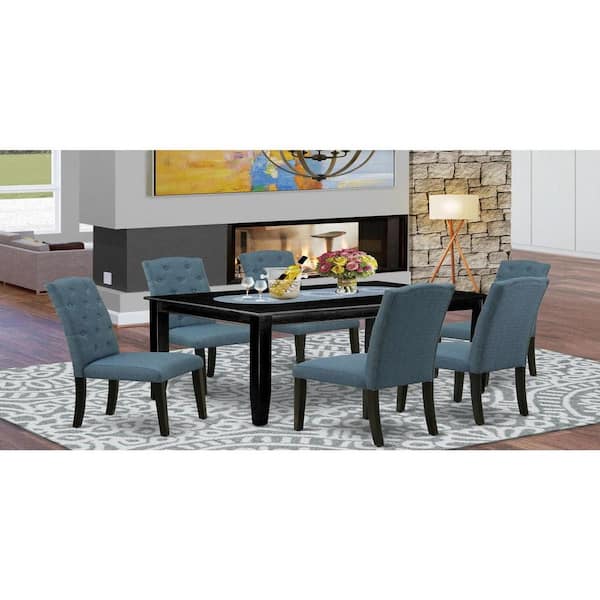 East West Furniture 7-Piece Rectangle Black Finish Solid Wood Top Dining Table with 6-Parson Chairs with Lattice Back