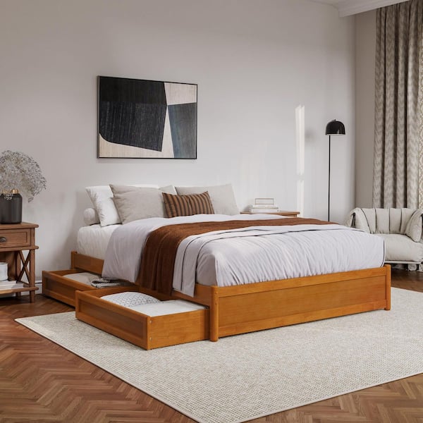 AFI Barcelona Light Toffee Natural Bronze Solid Wood Frame Queen Panel Platform Bed with Storage Drawers
