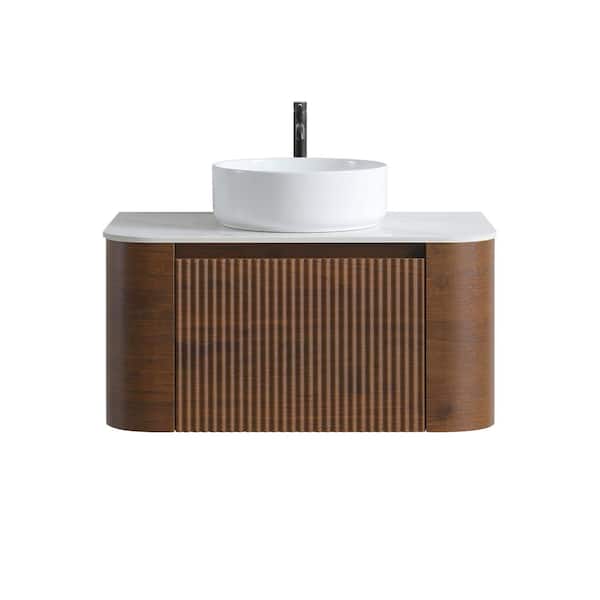 30" Walnut Bathroom Vanity with Single White Ceramic Sink,Wall-Mounted Cabinet&Towel Rack(No Faucet/Drain,Pre-Assembled)