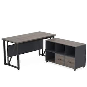 Lanita 55.1 in. L Shaped Desk Gray and Black Engineered Wood 2-Drawer Computer Desk with File Cabinet