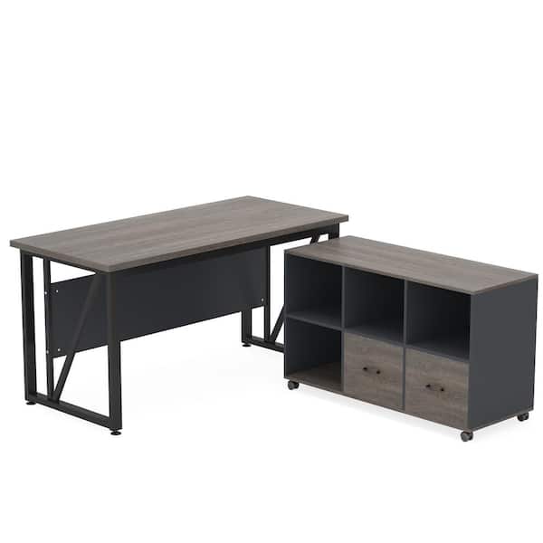 BYBLIGHT Lanita 55.1 in. L Shaped Desk Gray and Black Engineered Wood 2-Drawer Computer Desk with File Cabinet