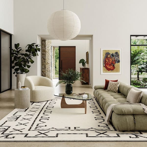 June Geometric Reversible Wool Ivory 5 ft. x 8 ft. Indoor/Outdoor Patio Area Rug