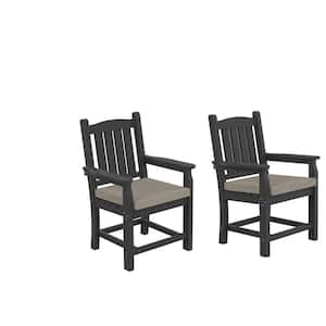 HDPE Plastic Outdoor Dining Chair in Gray With Beige Cushion (2-Pack)