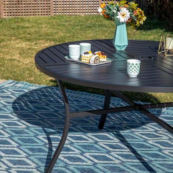 PHI VILLA Black 7-Piece Metal Slat Round Table Outdoor Patio