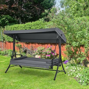3-Seat Metal Patio Swing with Gray Cushions and Adjustable Tilt Canopy