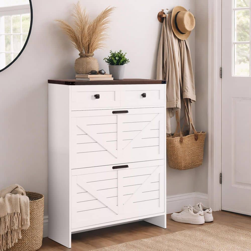 HOMESTOCK 32.68 in. White Farmhouse Shoe Storage Cabinet with 2