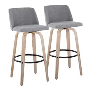 Toriano 29.5 in. Grey Fabric, White Washed Wood and Black Metal Fixed-Height Bar Stool with Round Footrest (Set of 2)