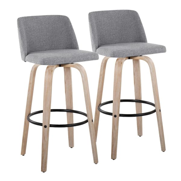 Lumisource Toriano 29.5 in. Grey Fabric, White Washed Wood and Black Metal Fixed-Height Bar Stool with Round Footrest (Set of 2)