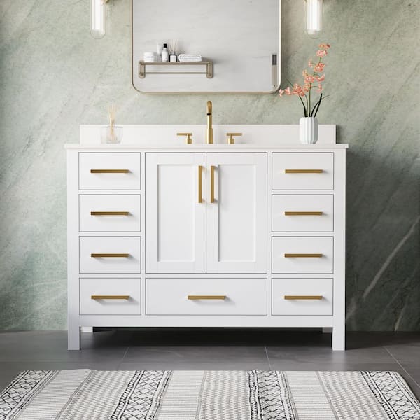 OSLA 48 in. Solid Wood Fully Assembled Freestanding White Bath Vanity with Carrara White Cultured Marble Top,Soft-Close