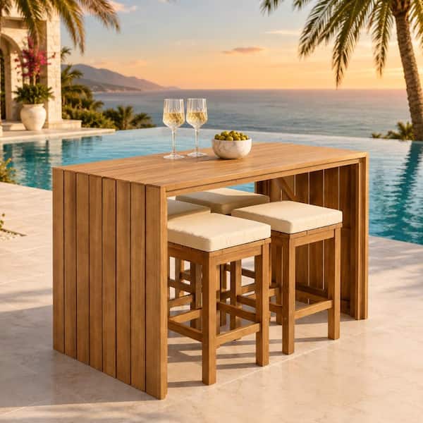 5 Piece Acacia Wood Outdoor Bar Set with Cushioned Bar Stools, Bar Height Table,Wood Patio Dining Bar Set for Backyard