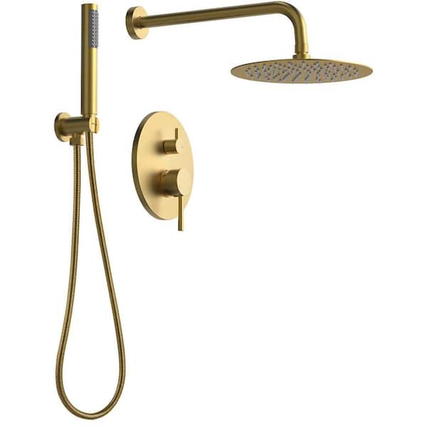 2-Spray Patterns Round 10 in. Wall Mount Dual Shower Heads with Handheld in Brushed Gold