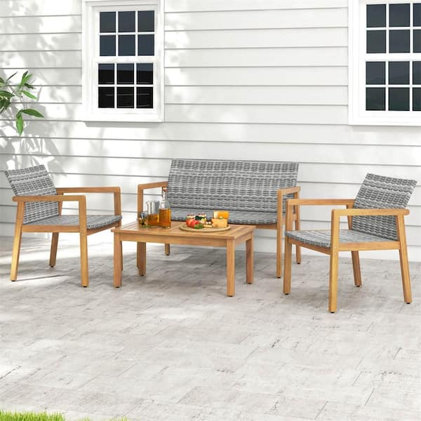 Costway 4-Piece Wicker Patio Conversation Set with Acacia Wood Frame Sofa Set