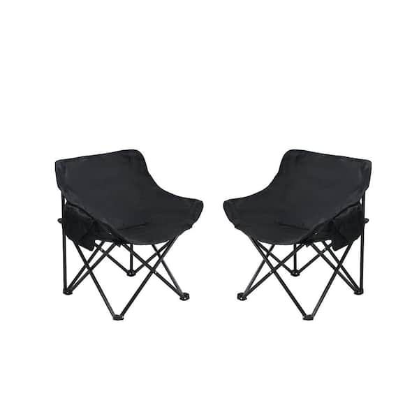 2-Piece Black Metal Polyester Folding Portable Outdoor Lawn Chairs with Carry Bag