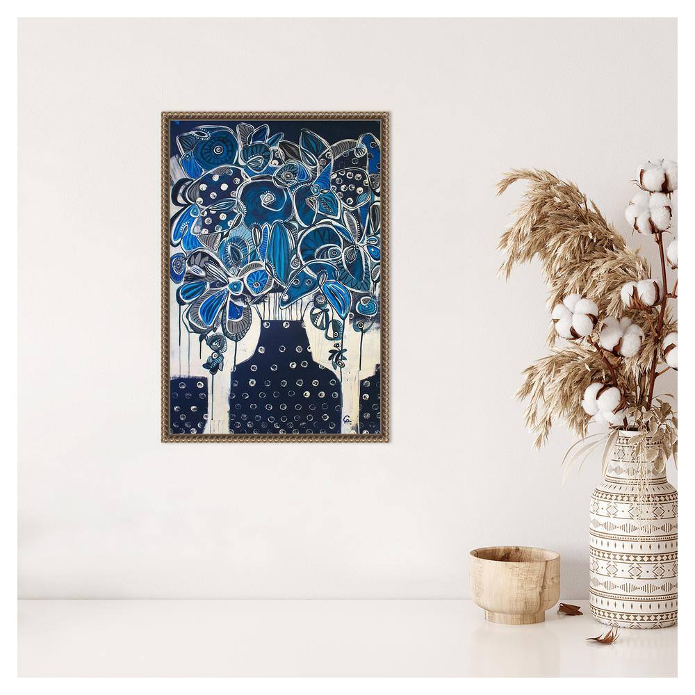 Indigo Floral Abstract Canvas Print with Bronze Floater Frame